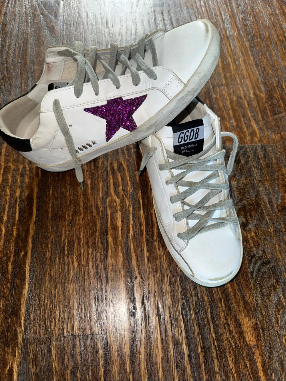 Golden Goose White Leather Sneakers with Purple Glitter Star - Picture 1 of 5